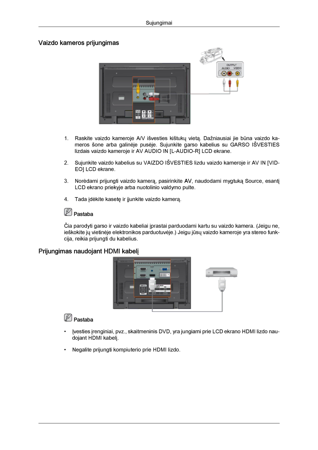 Samsung LH32MGULBC/EN manual Vaizdo kameros prijungimas, Prijungimas naudojant Hdmi kabelį 