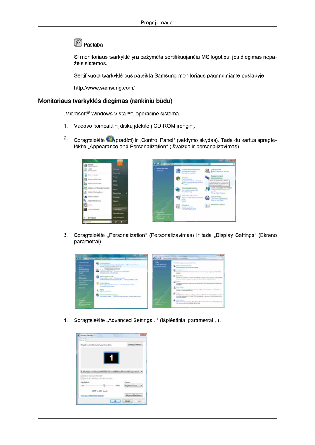 Samsung LH32MGULBC/EN manual Monitoriaus tvarkyklės diegimas rankiniu būdu 