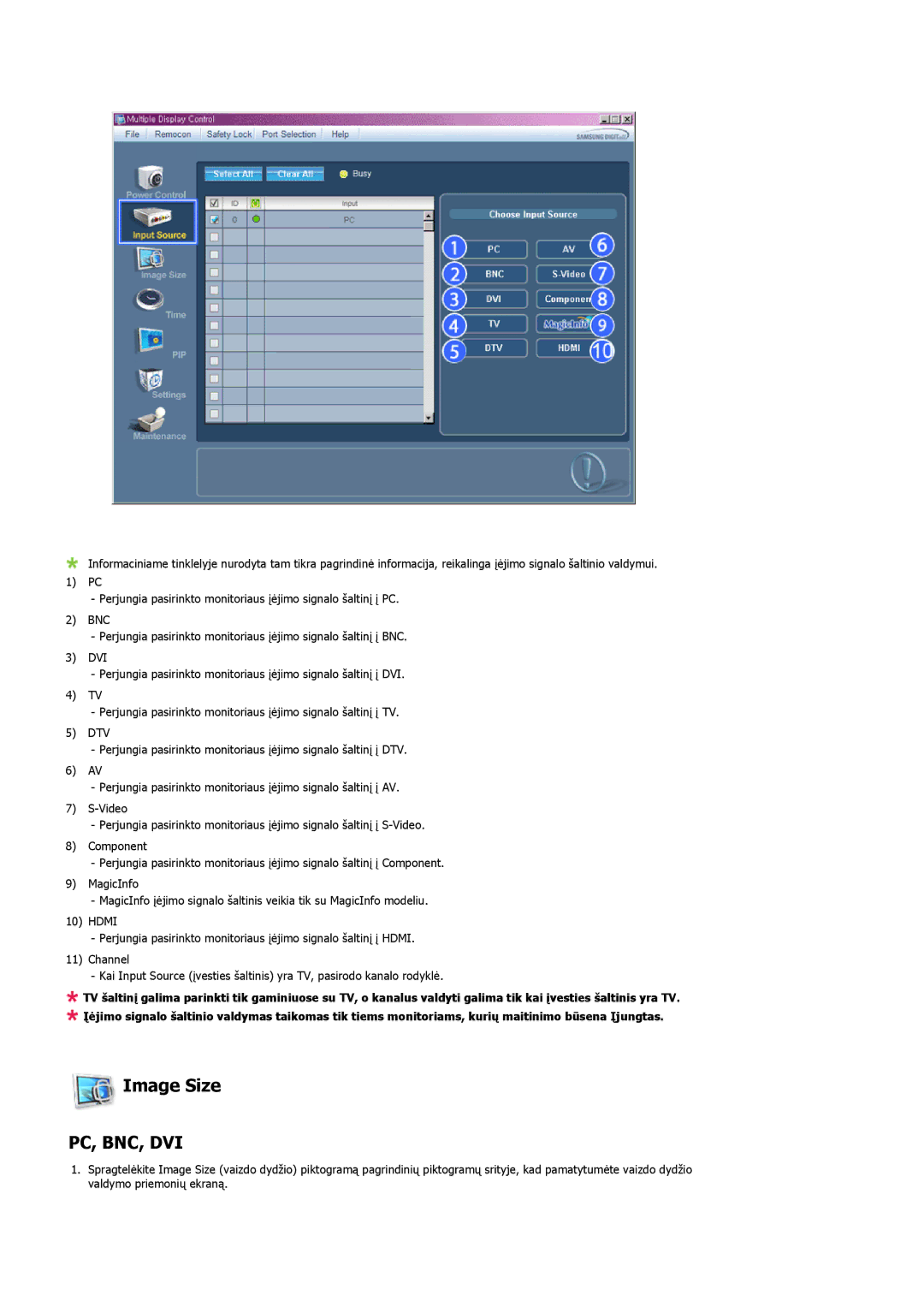 Samsung LH32MGULBC/EN manual Image Size, Pc, Bnc, Dvi 