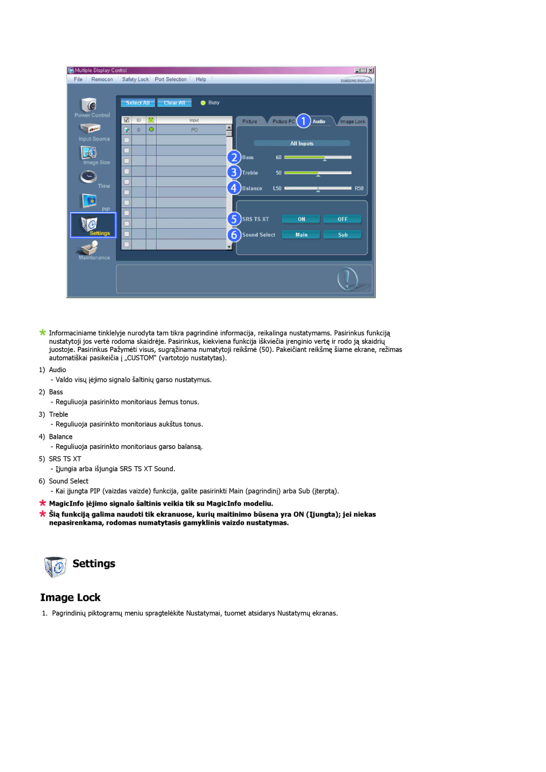 Samsung LH32MGULBC/EN manual Settings Image Lock, Srs Ts Xt 