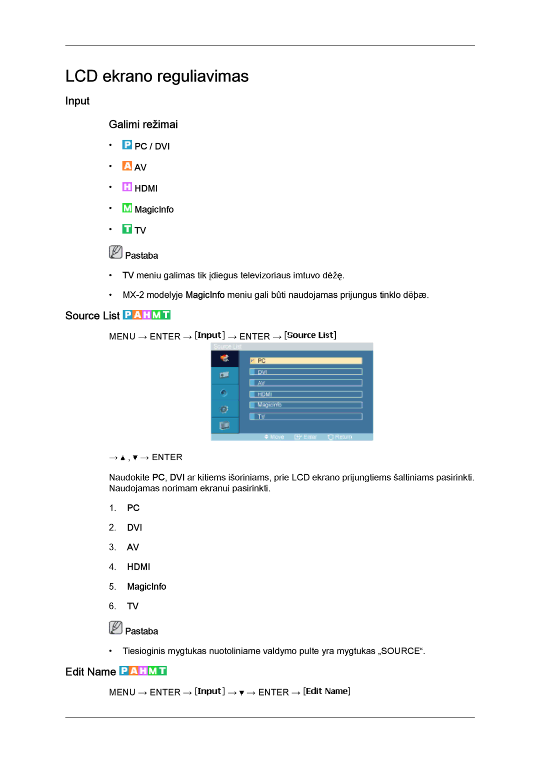 Samsung LH32MGULBC/EN manual Input Galimi režimai, Source List, Edit Name 