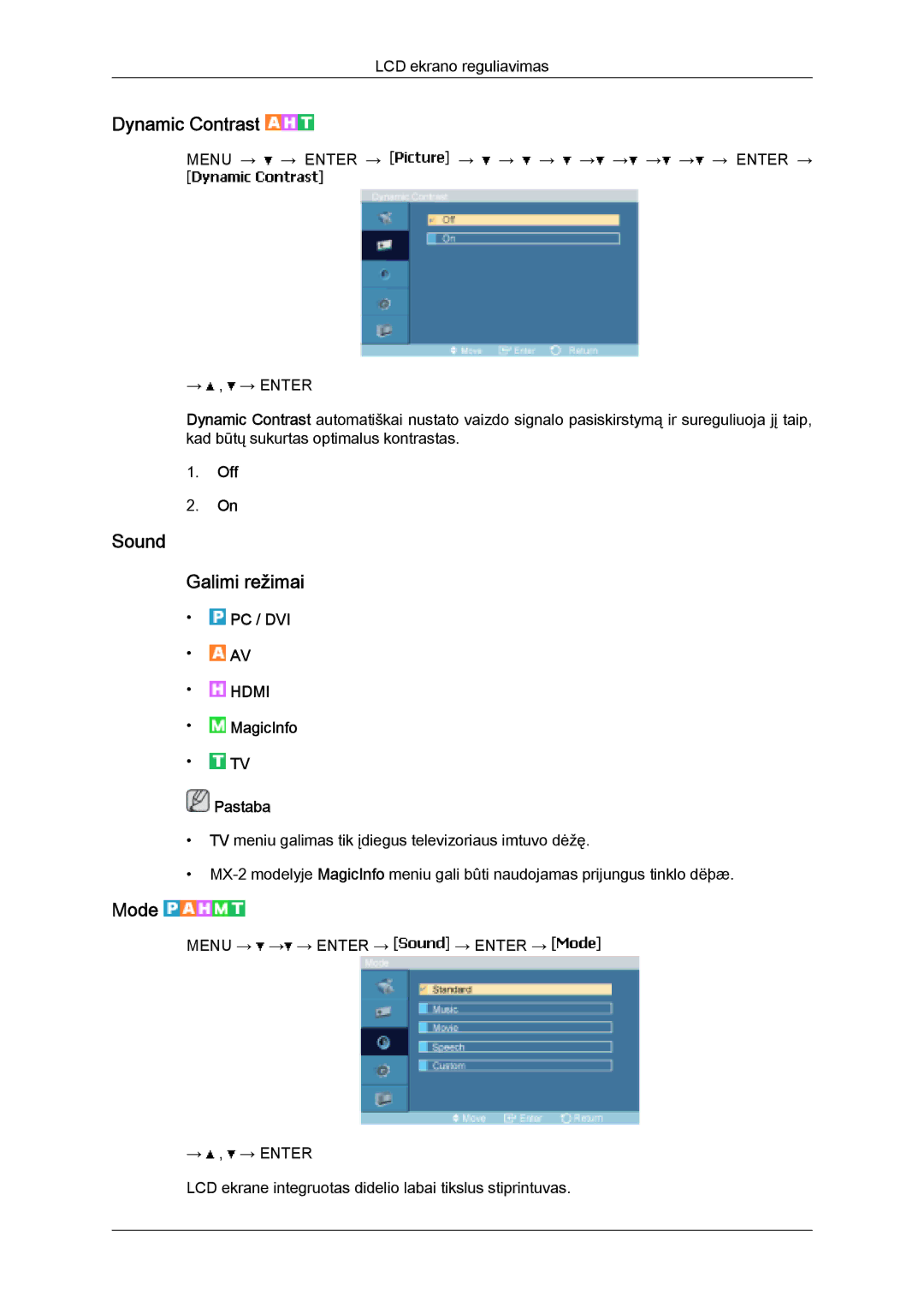 Samsung LH32MGULBC/EN manual Dynamic Contrast, Sound Galimi režimai 
