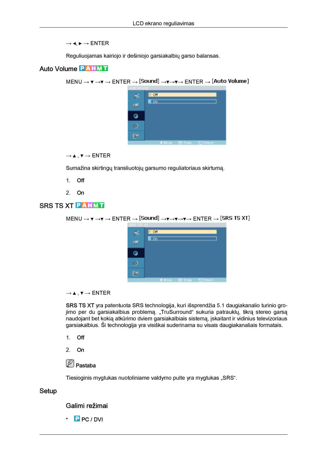 Samsung LH32MGULBC/EN manual Auto Volume, Setup Galimi režimai, Off Pastaba 