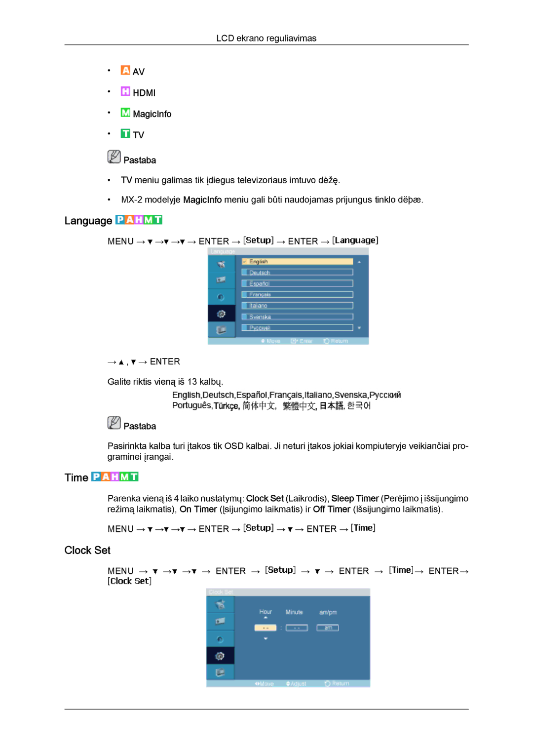 Samsung LH32MGULBC/EN manual Language, Time, Clock Set 