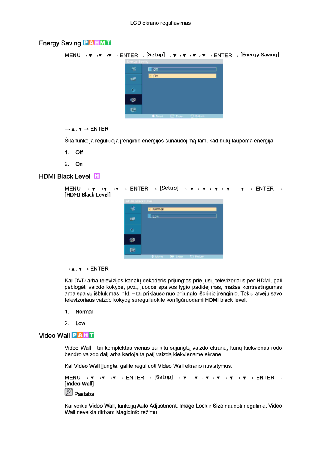 Samsung LH32MGULBC/EN manual Energy Saving, Hdmi Black Level, Video Wall, Normal Low 