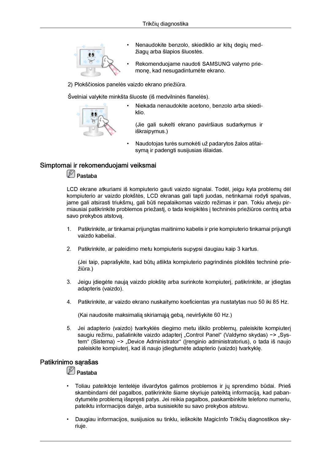 Samsung LH32MGULBC/EN manual Simptomai ir rekomenduojami veiksmai, Patikrinimo sąrašas 