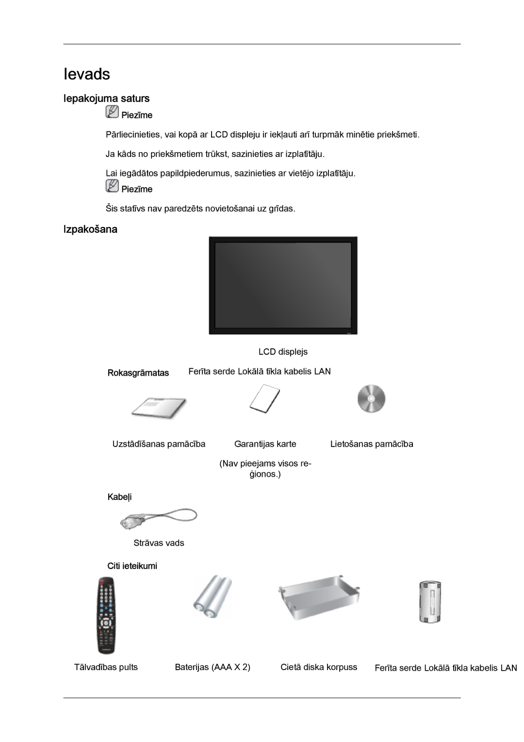 Samsung LH32MGULBC/EN manual Iepakojuma saturs, Izpakošana, Rokasgrāmatas, Kabeļi, Citi ieteikumi 