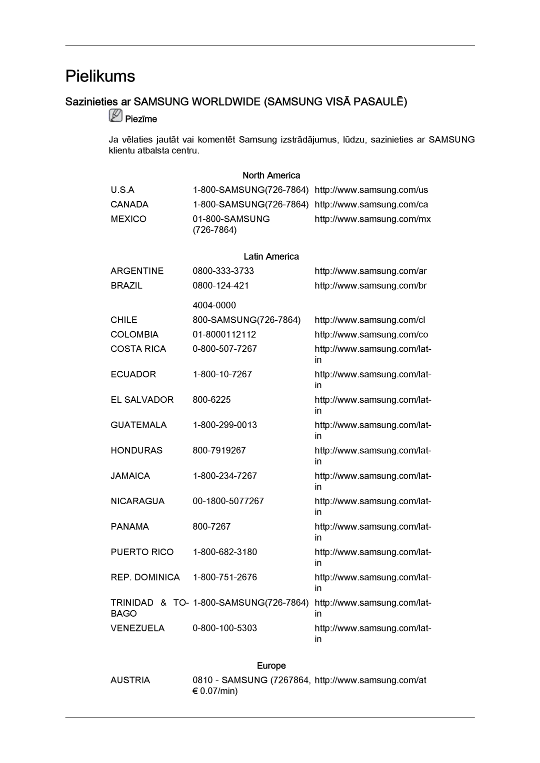 Samsung LH32MGULBC/EN manual Sazinieties ar Samsung Worldwide Samsung Visā Pasaulē, North America, Latin America, Europe 