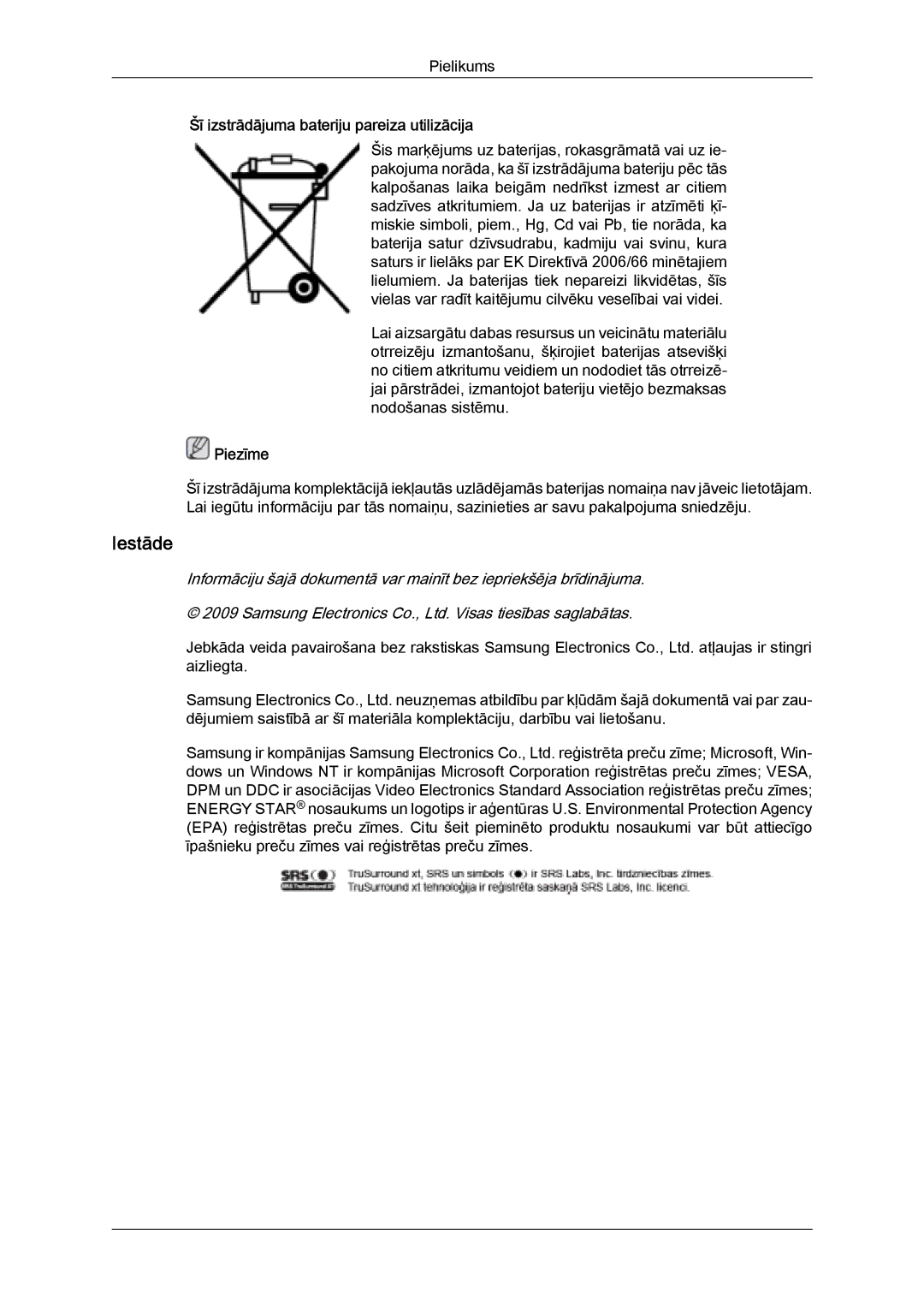 Samsung LH32MGULBC/EN manual Iestāde, Šī izstrādājuma bateriju pareiza utilizācija 