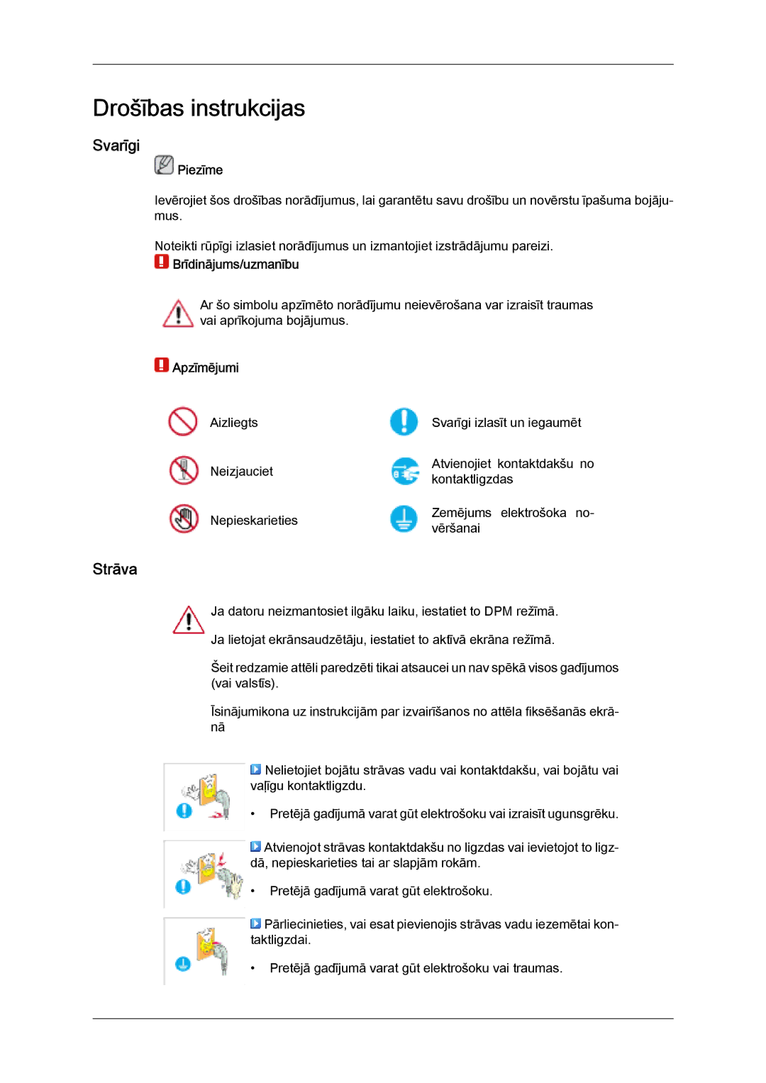 Samsung LH32MGULBC/EN manual Svarīgi, Strāva, Piezīme, Brīdinājums/uzmanību, Apzīmējumi 