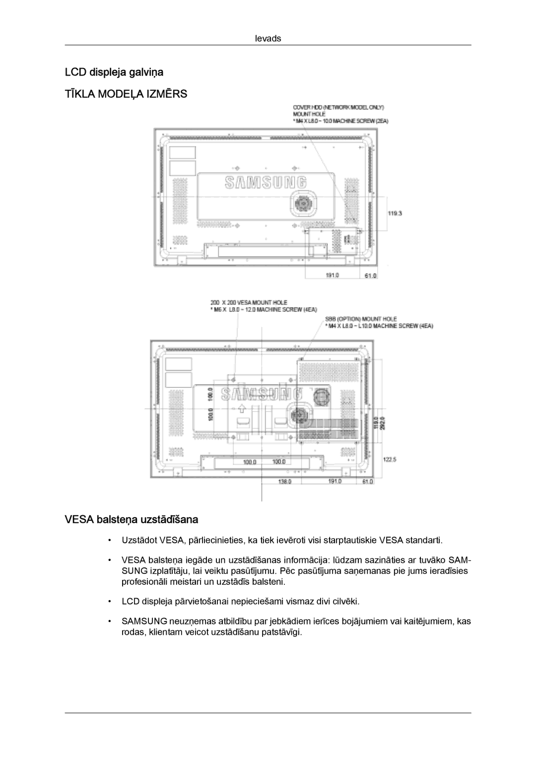 Samsung LH32MGULBC/EN manual LCD displeja galviņa, Vesa balsteņa uzstādīšana 