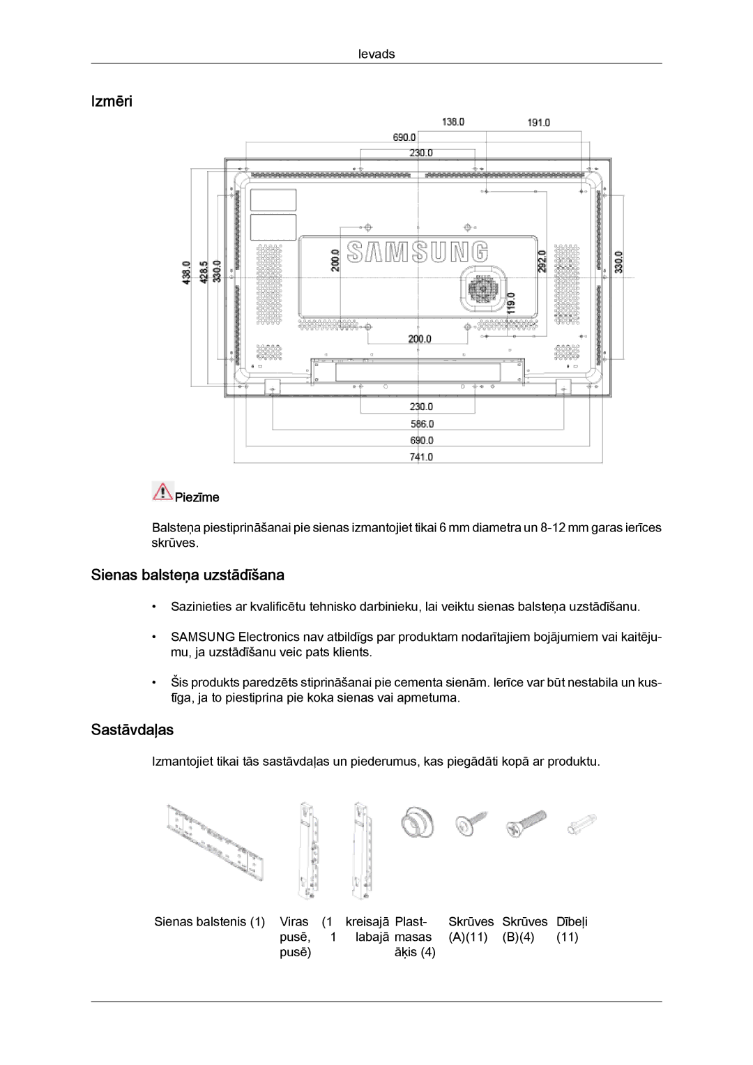 Samsung LH32MGULBC/EN manual Izmēri, Sienas balsteņa uzstādīšana, Sastāvdaļas 