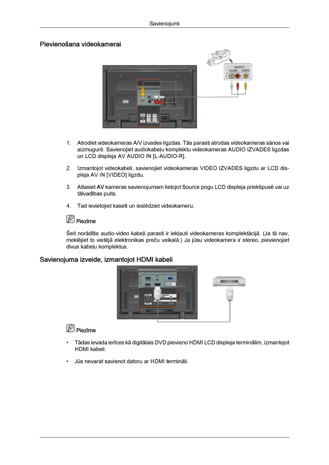 Samsung LH32MGULBC/EN manual Pievienošana videokamerai, Savienojuma izveide, izmantojot Hdmi kabeli 