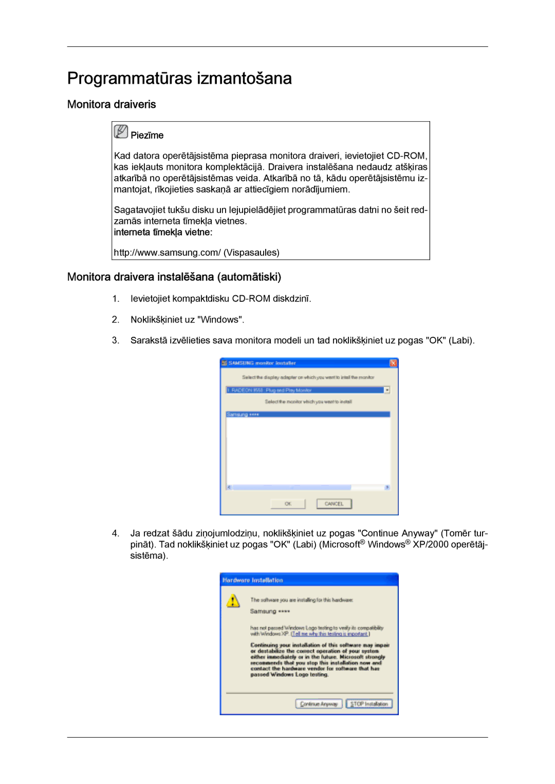 Samsung LH32MGULBC/EN manual Monitora draiveris, Monitora draivera instalēšana automātiski, Interneta tīmekļa vietne 