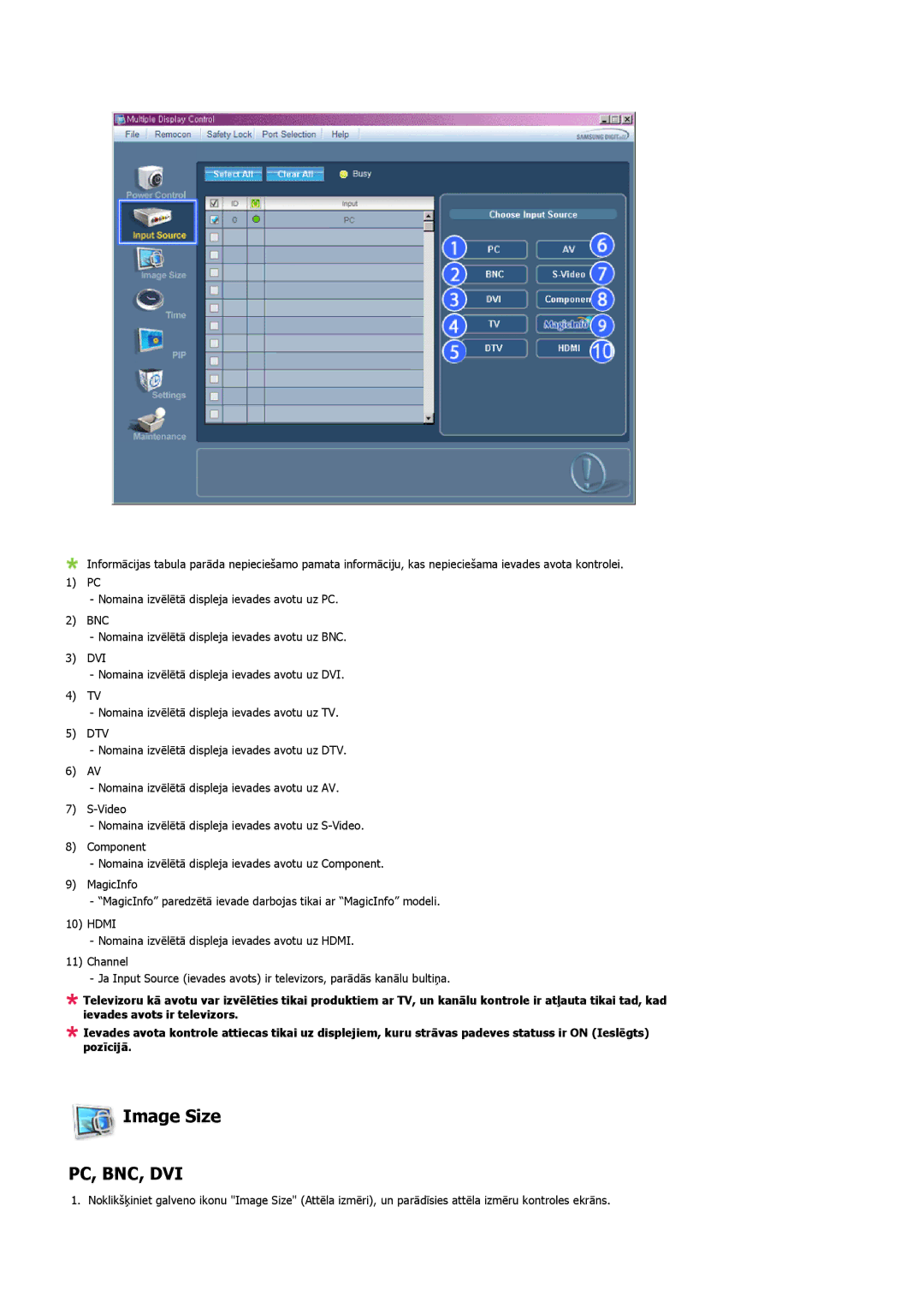 Samsung LH32MGULBC/EN manual Image Size, Pc, Bnc, Dvi 