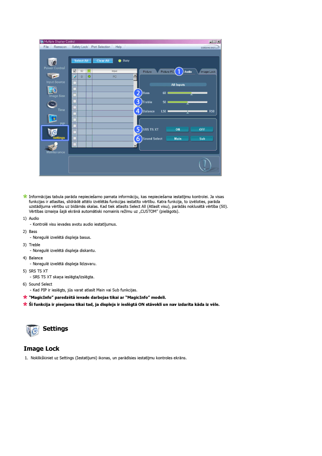 Samsung LH32MGULBC/EN manual Settings Image Lock, Srs Ts Xt 