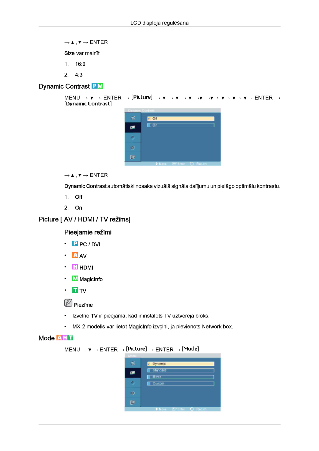 Samsung LH32MGULBC/EN manual Dynamic Contrast, Picture AV / Hdmi / TV režīms Pieejamie režīmi, Mode, Off 
