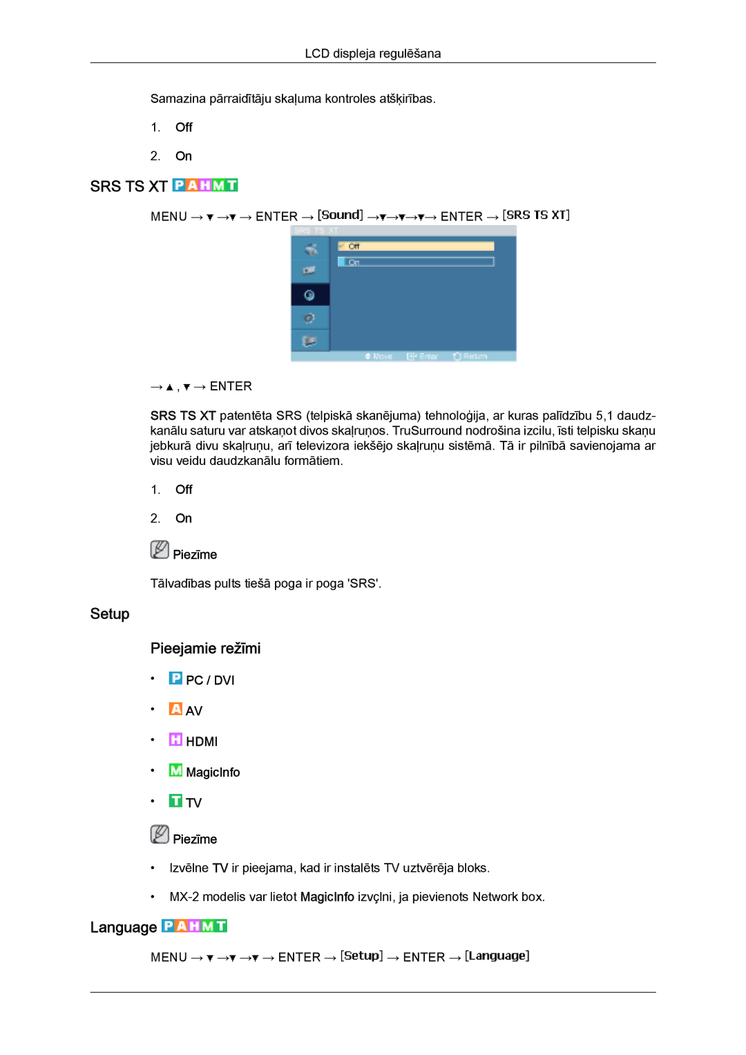 Samsung LH32MGULBC/EN manual Setup Pieejamie režīmi, Language, Off Piezīme 