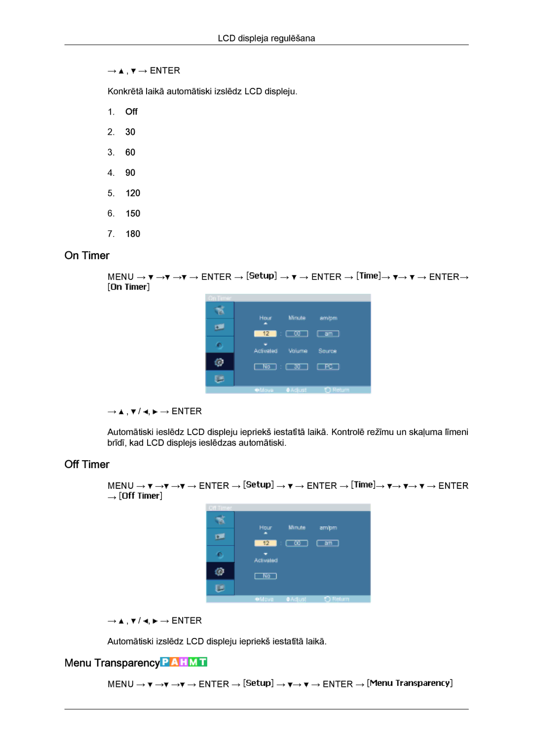 Samsung LH32MGULBC/EN manual On Timer, Off Timer, Menu Transparency 