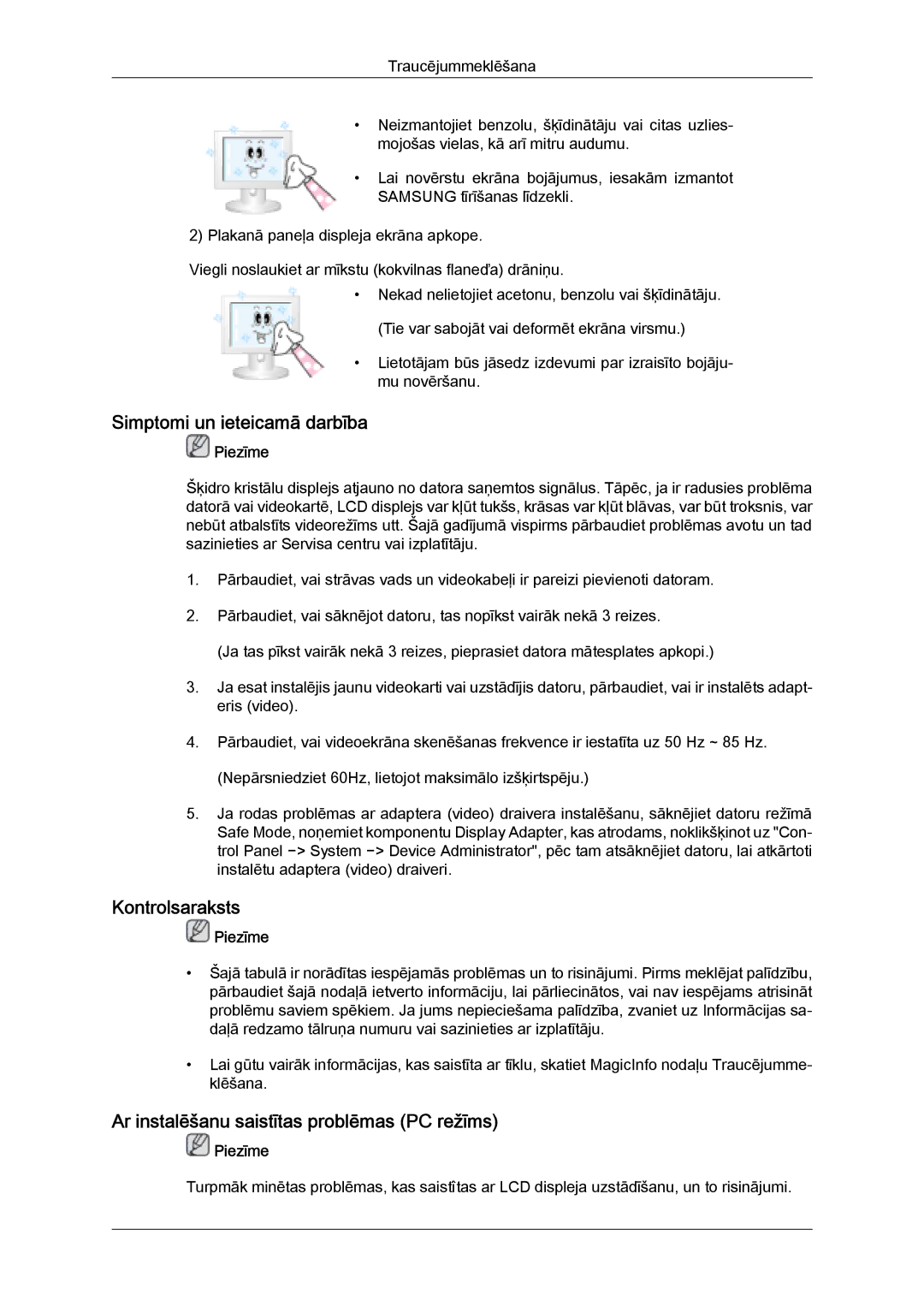 Samsung LH32MGULBC/EN manual Simptomi un ieteicamā darbība, Kontrolsaraksts, Ar instalēšanu saistītas problēmas PC režīms 