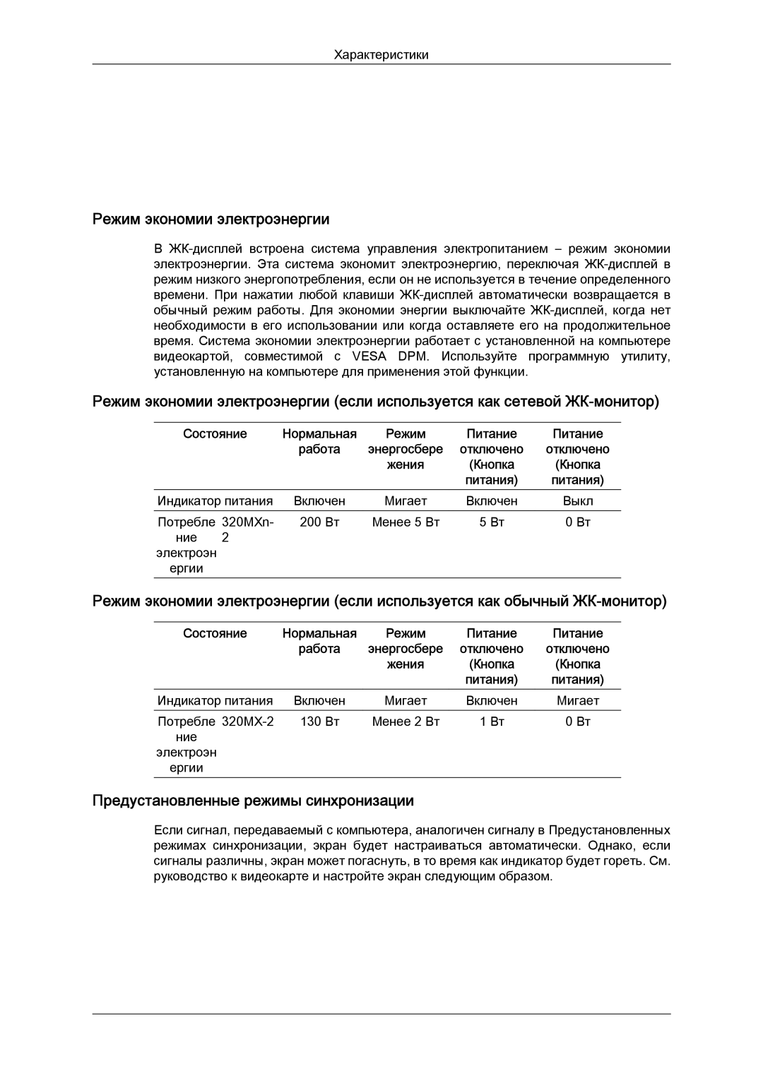 Samsung LH32MGULBC/EN manual Режим экономии электроэнергии, Предустановленные режимы синхронизации 