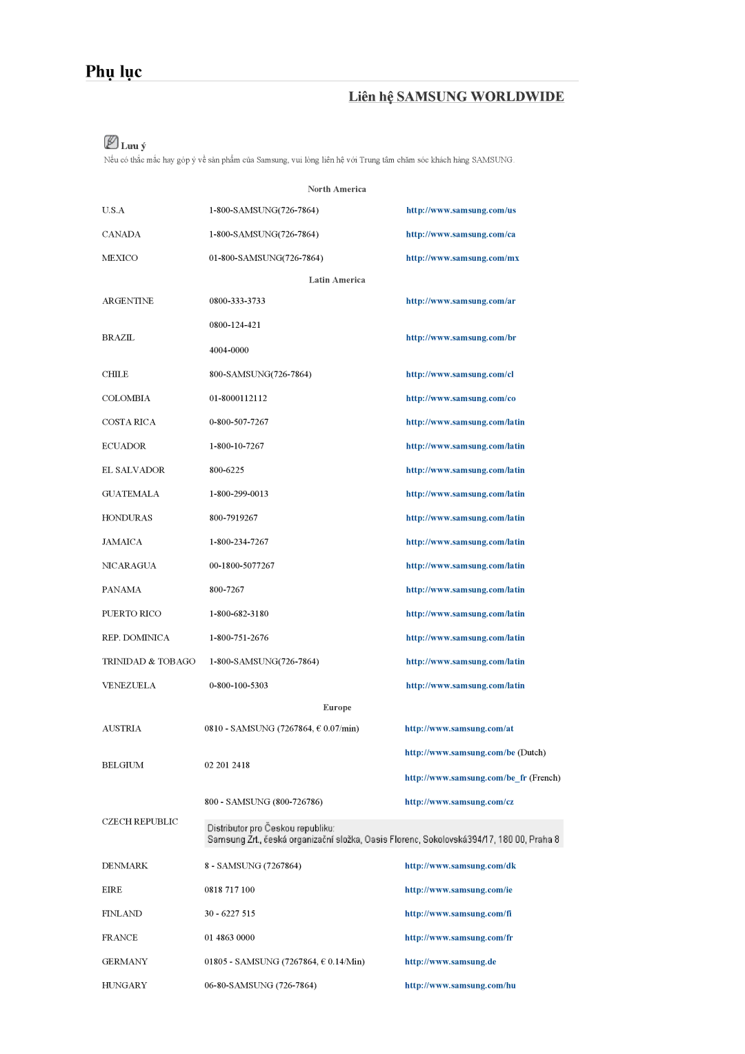 Samsung LH32MGULBC/XY, LH32MGQLBC/XY manual Phụ lục, Liên hệ Samsung Worldwide 