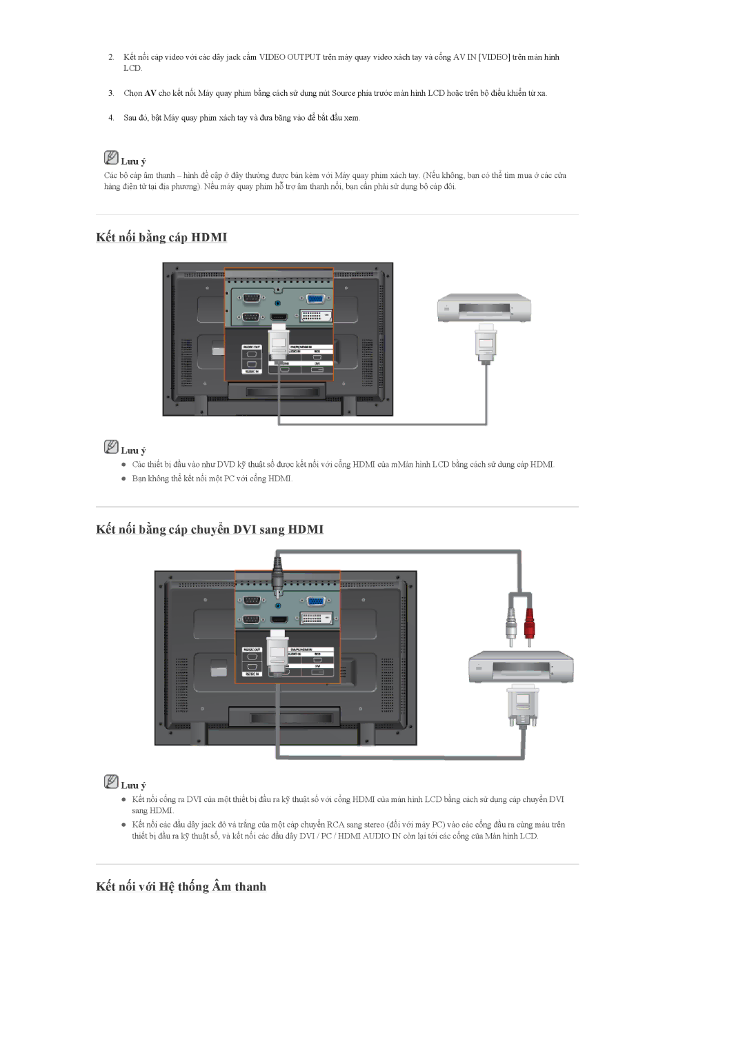 Samsung LH32MGQLBC/XY manual Kết nối bằng cáp Hdmi, Kết nối bằng cáp chuyển DVI sang Hdmi, Kết nối với Hệ thống Âm thanh 