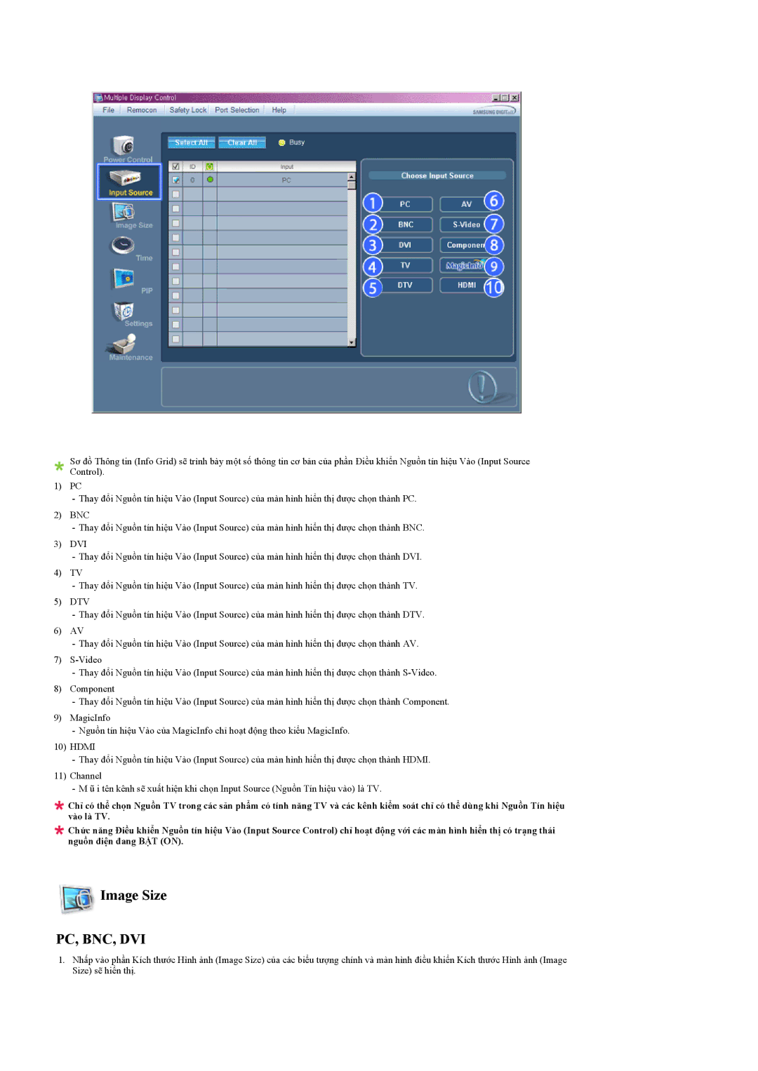 Samsung LH32MGQLBC/XY, LH32MGULBC/XY manual Image Size, Pc, Bnc, Dvi 