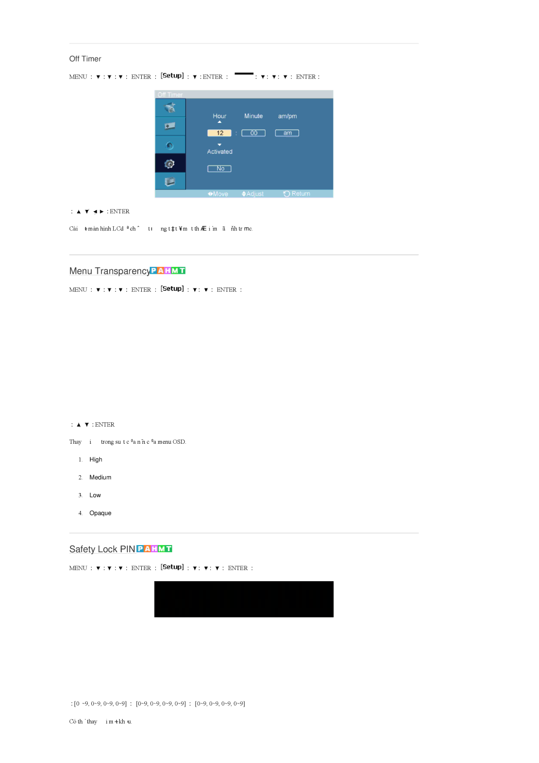 Samsung LH32MGULBC/XY, LH32MGQLBC/XY manual Menu Transparency, Safety Lock PIN, Off Timer 