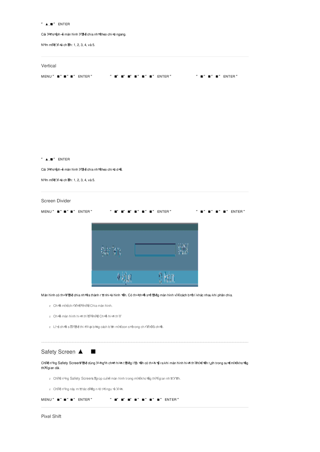 Samsung LH32MGQLBC/XY, LH32MGULBC/XY manual Safety Screen, Vertical, Screen Divider, Pixel Shift 