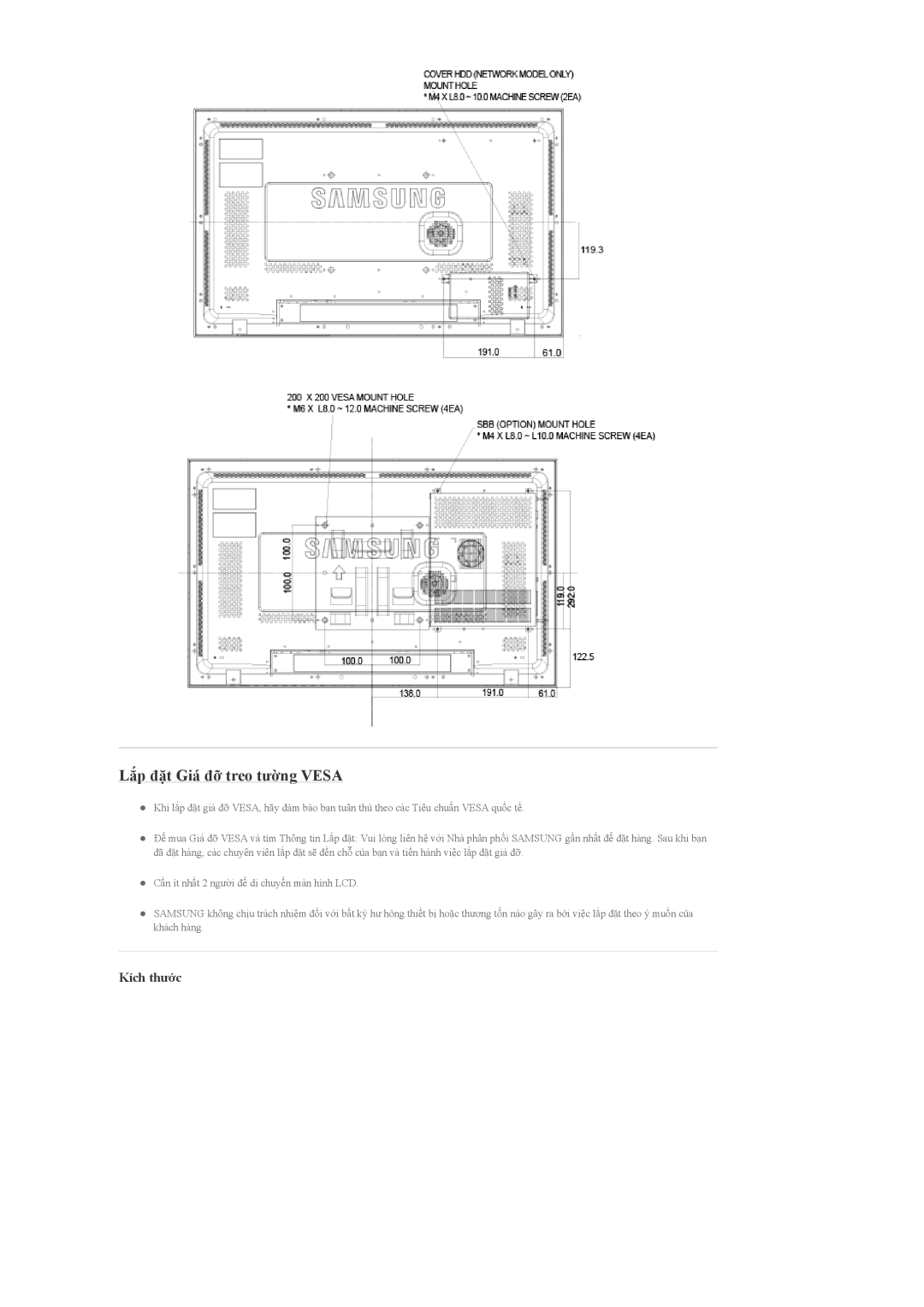 Samsung LH32MGQLBC/XY, LH32MGULBC/XY manual Lắp đặt Giá đỡ treo tường Vesa, Kích thước 