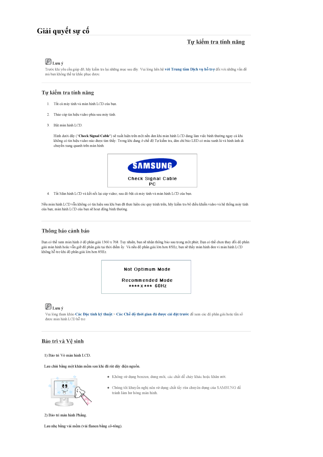 Samsung LH32MGQLBC/XY, LH32MGULBC/XY manual Tự kiểm tra tính năng, Thông báo cảnh báo, Bảo trì và Vệ sinh 