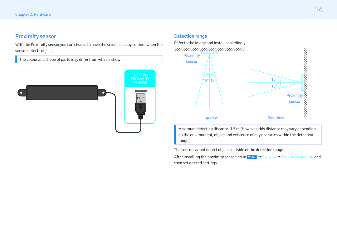 Samsung LH32MLEPLSC/NG, LH55MLEPLSC/NG manual Proximity sensor, Detection range 