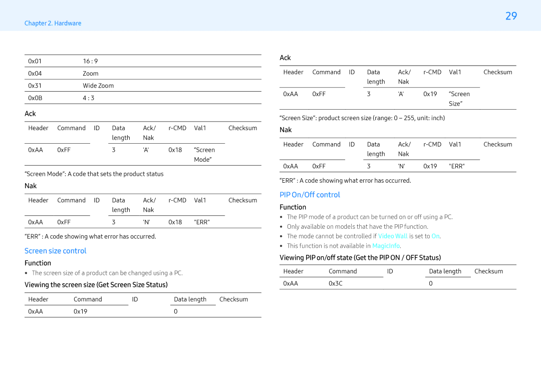 Samsung LH55MLEPLSC/NG manual Screen size control, PIP On/Off control, Viewing the screen size Get Screen Size Status 