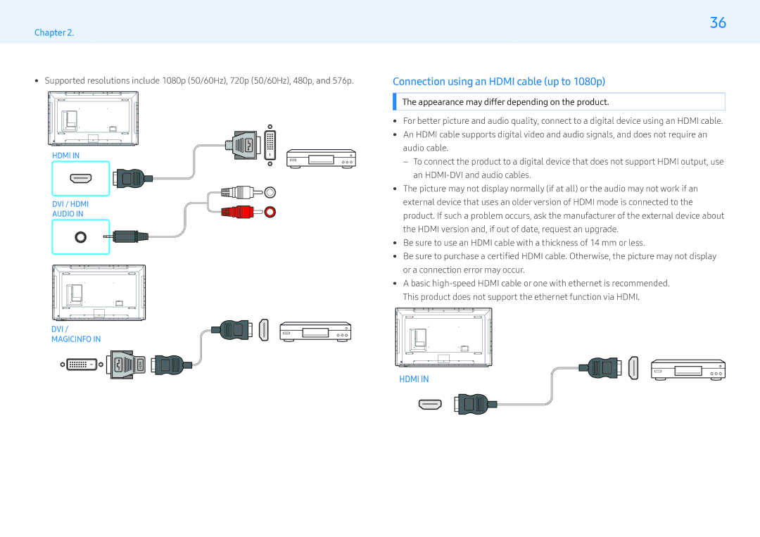 Samsung LH32MLEPLSC/NG, LH55MLEPLSC/NG manual Connection using an Hdmi cable up to 1080p 