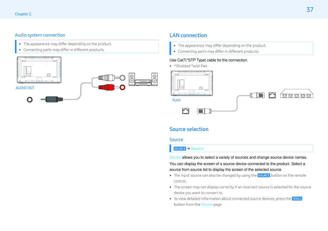 Samsung LH55MLEPLSC/NG, LH32MLEPLSC/NG manual LAN connection, Source selection, Audio system connection, Shielded Twist Pair 