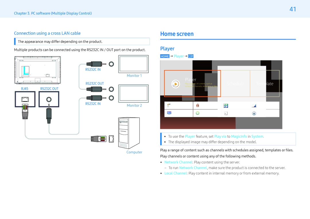 Samsung LH55MLEPLSC/NG, LH32MLEPLSC/NG manual Home screen, Connection using a cross LAN cable, Home → Player → 