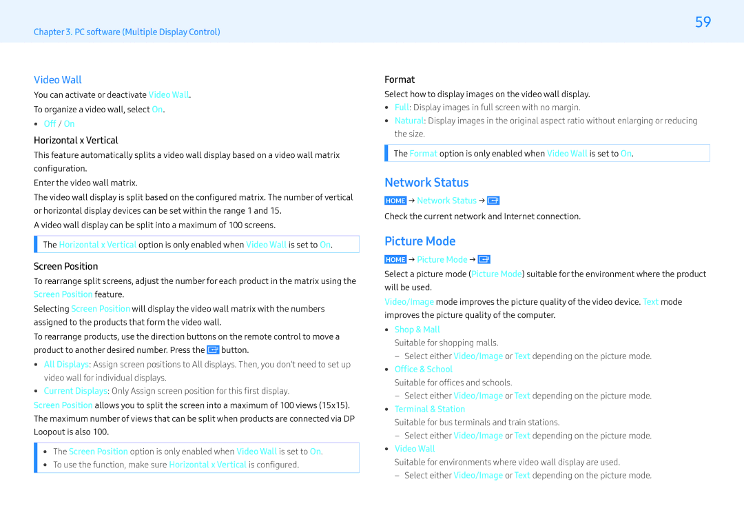 Samsung LH55MLEPLSC/NG, LH32MLEPLSC/NG manual Network Status, Picture Mode, Video Wall 