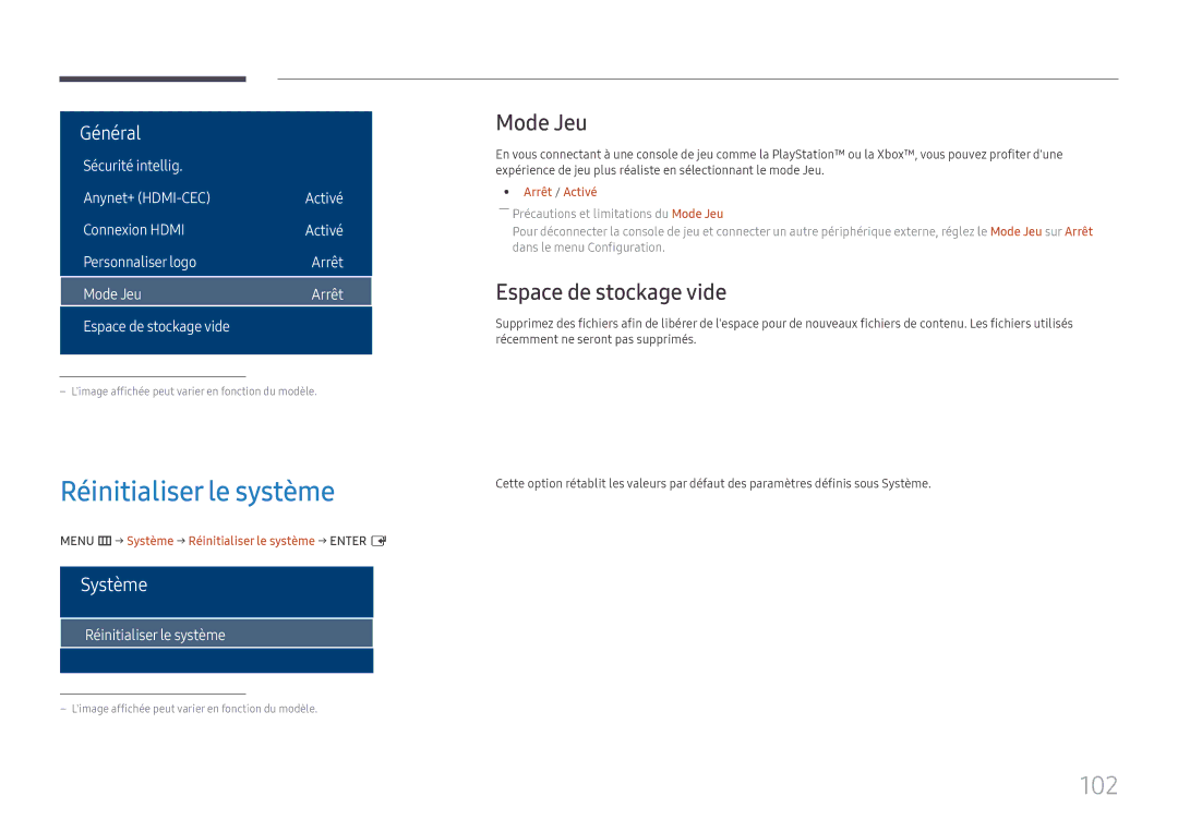 Samsung LH32OMHPWBC/EN manual Réinitialiser le système, 102, Mode Jeu, Espace de stockage vide 