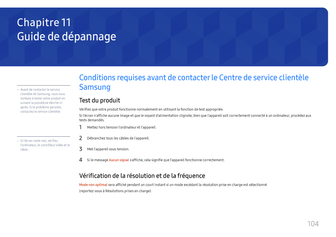 Samsung LH32OMHPWBC/EN manual Guide de dépannage, 104, Test du produit, Vérification de la résolution et de la fréquence 