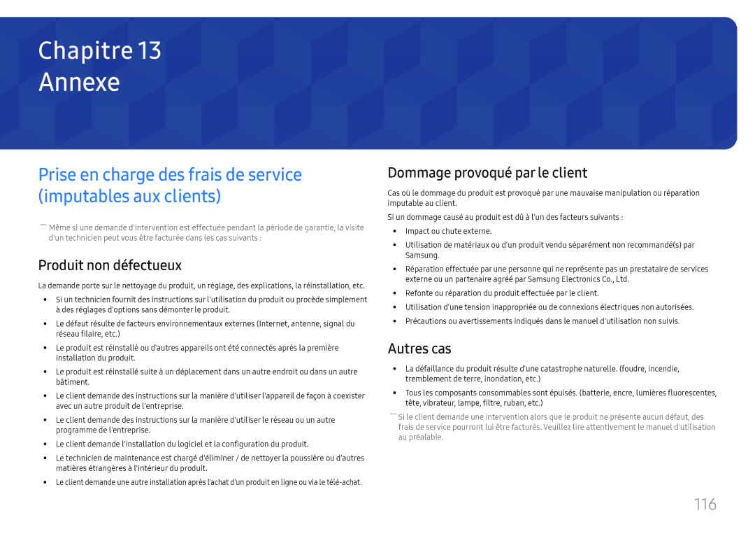 Samsung LH32OMHPWBC/EN manual Annexe, 116, Produit non défectueux, Dommage provoqué par le client, Autres cas 