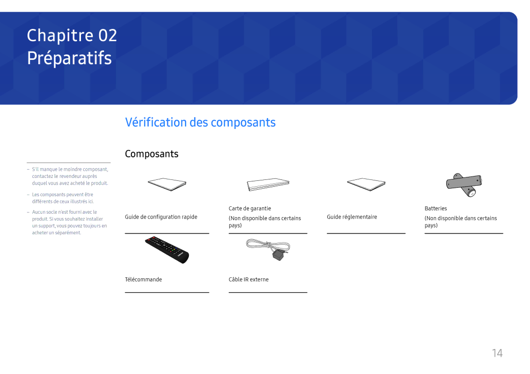 Samsung LH32OMHPWBC/EN manual Préparatifs, Vérification des composants, Composants, Pays Télécommande Câble IR externe 