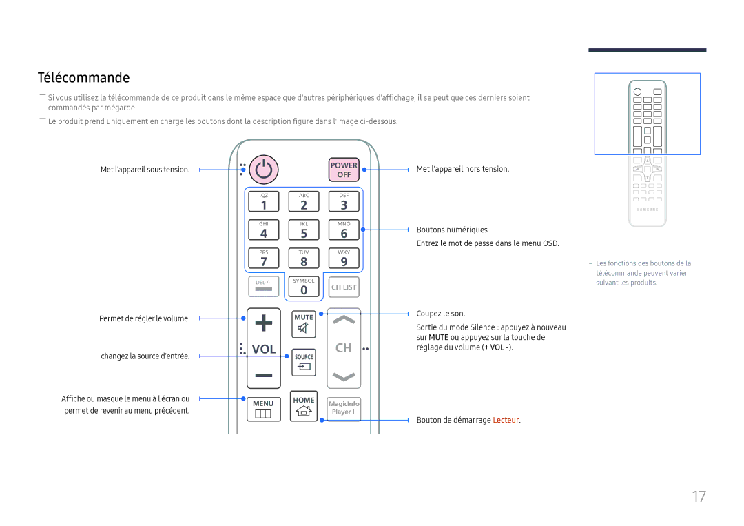 Samsung LH32OMHPWBC/EN manual Télécommande, Permet de régler le volume Changez la source dentrée 