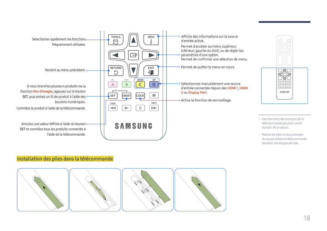 Samsung LH32OMHPWBC/EN manual Installation des piles dans la télécommande, Fréquemment utilisées 