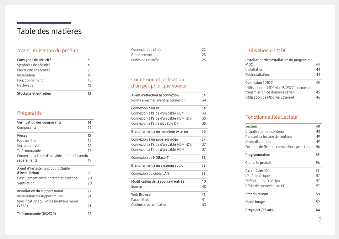 Samsung LH32OMHPWBC/EN manual Table des matières 