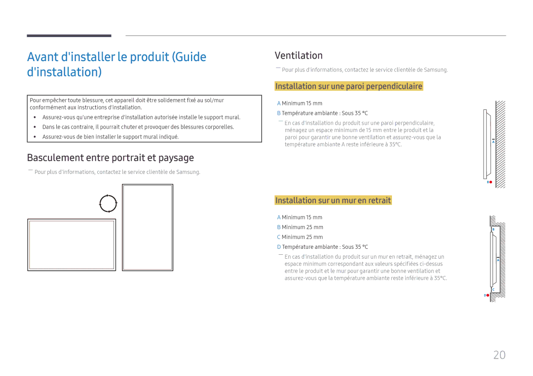 Samsung LH32OMHPWBC/EN Avant dinstaller le produit Guide dinstallation, Basculement entre portrait et paysage, Ventilation 