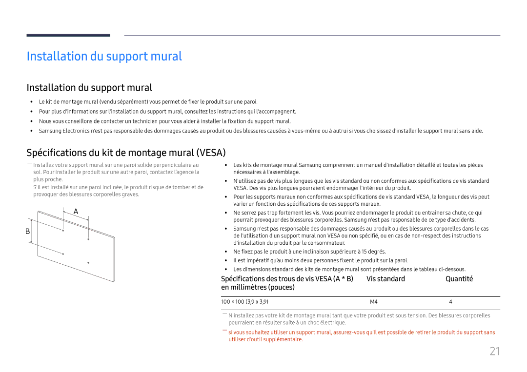 Samsung LH32OMHPWBC/EN Installation du support mural, Vis standard Quantité En millimètres pouces, 100 × 100 3,9 x 3,9 