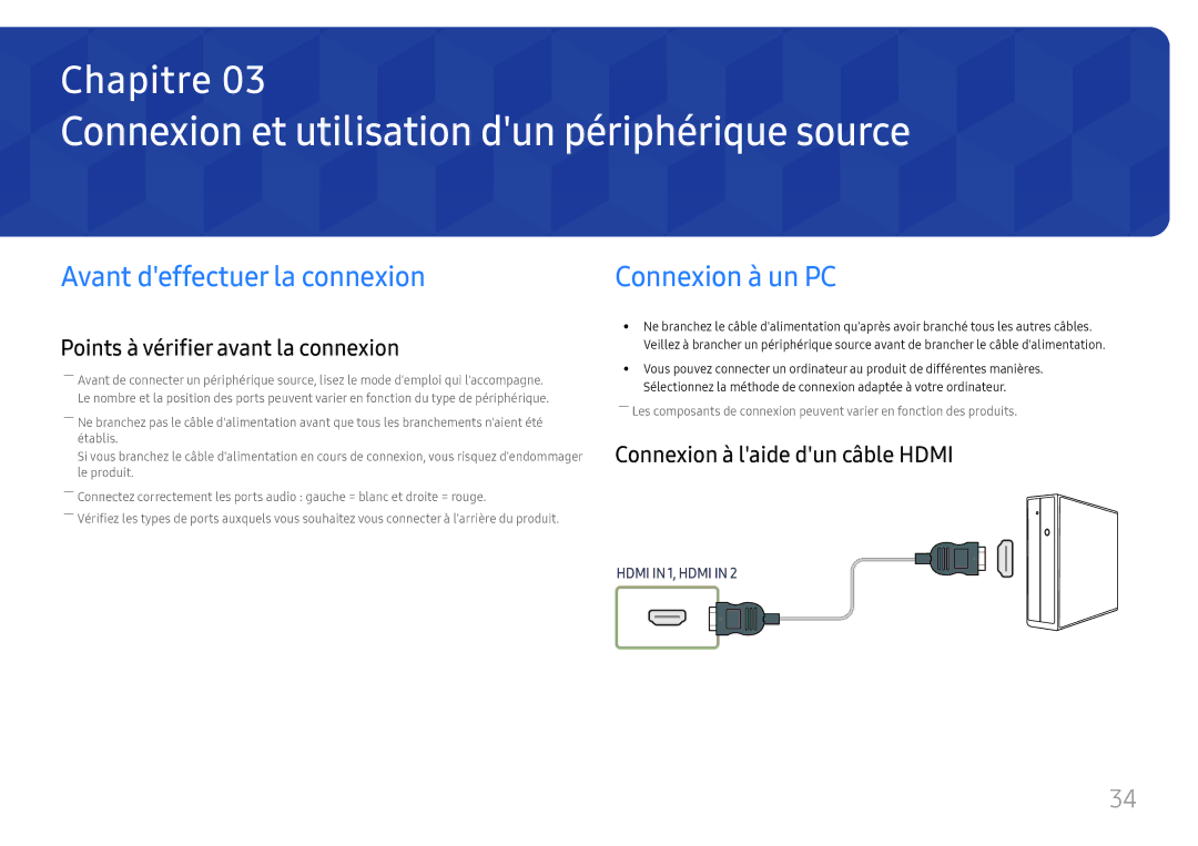 Samsung LH32OMHPWBC/EN manual Connexion et utilisation dun périphérique source, Avant deffectuer la connexion 