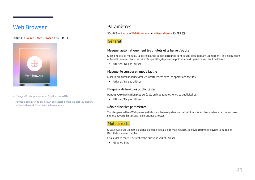 Samsung LH32OMHPWBC/EN manual Web Browser, Paramètres, Général, Moteur rech 