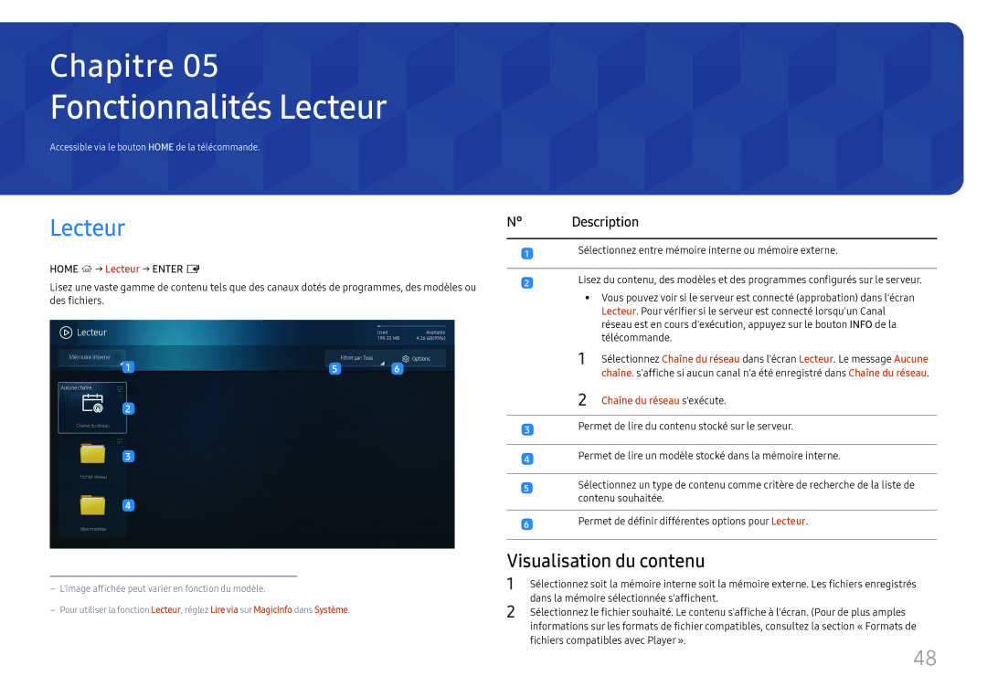 Samsung LH32OMHPWBC/EN manual Fonctionnalités Lecteur, Visualisation du contenu, Home → Lecteur → Enter E 